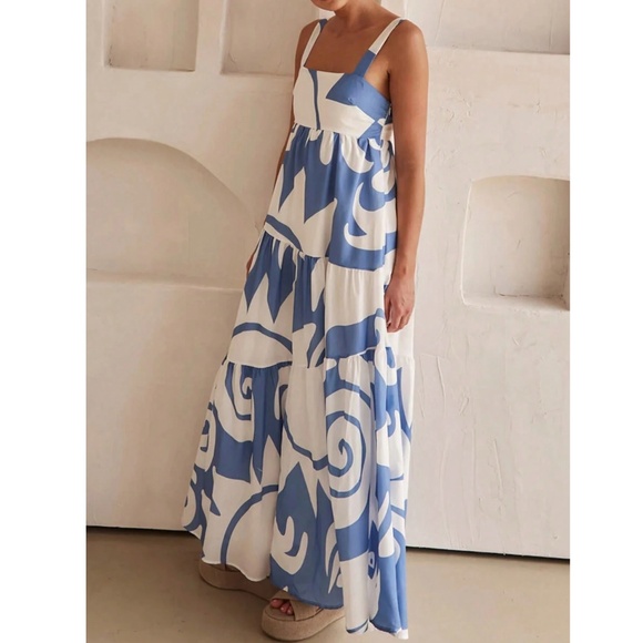 Blue on White Printed Maxi Dress Square Neck Sleeveless - Picture 4 of 11